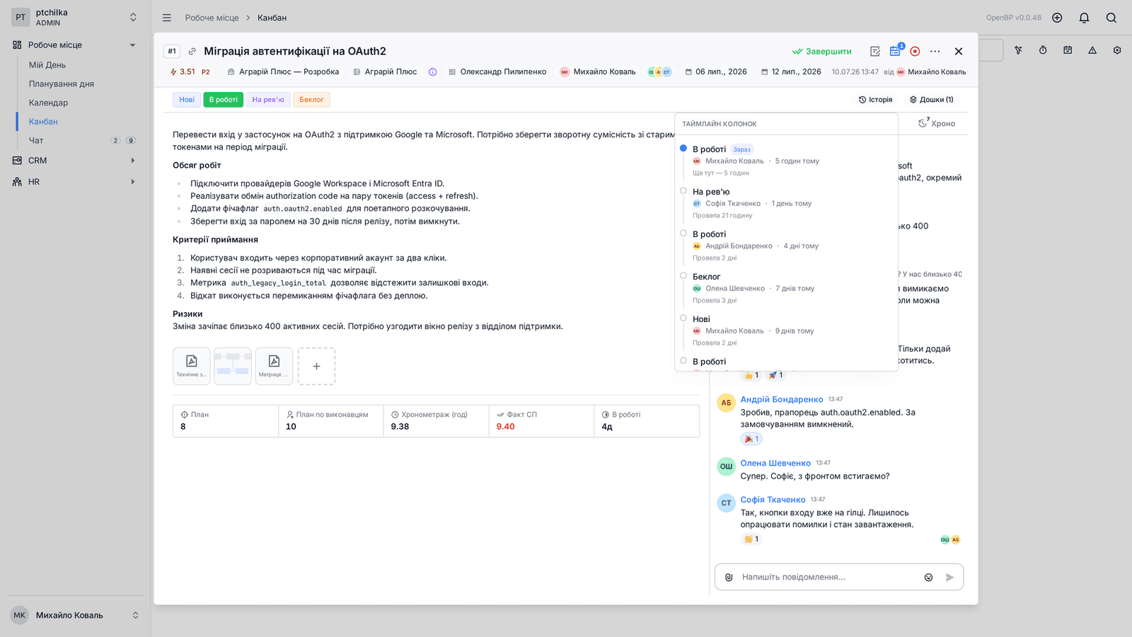 A task card in KanbanCRM showing its checklist, priority and the timeline of the columns it moved through