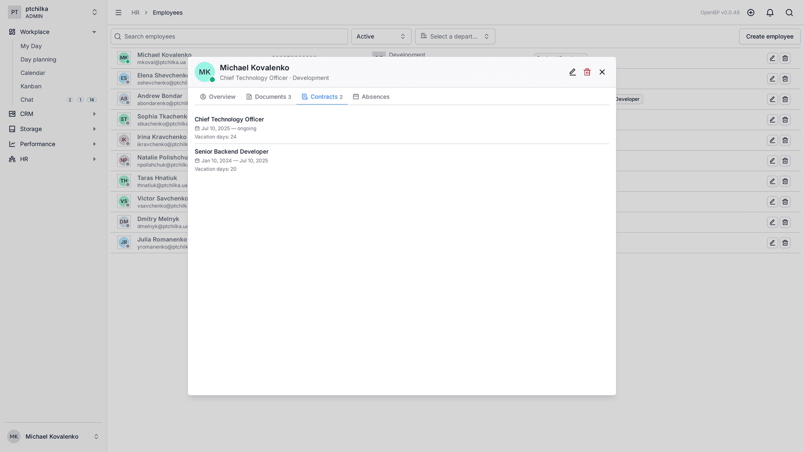 Employee profile with contracts and documents (2/2)