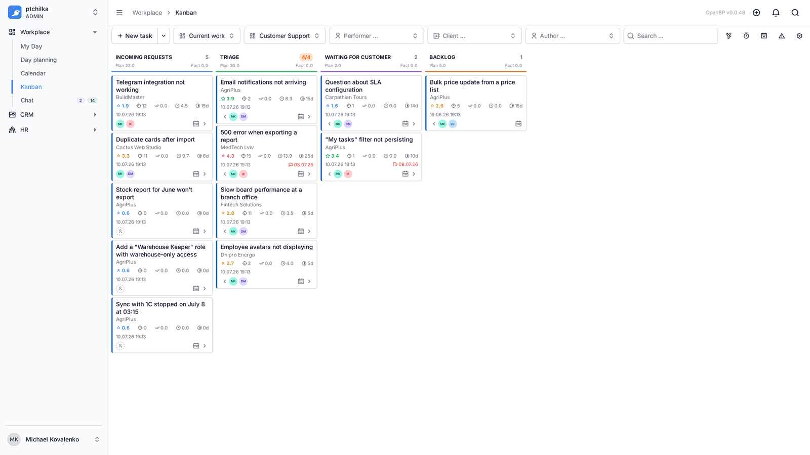 Kanban board with columns and task cards (1/4)