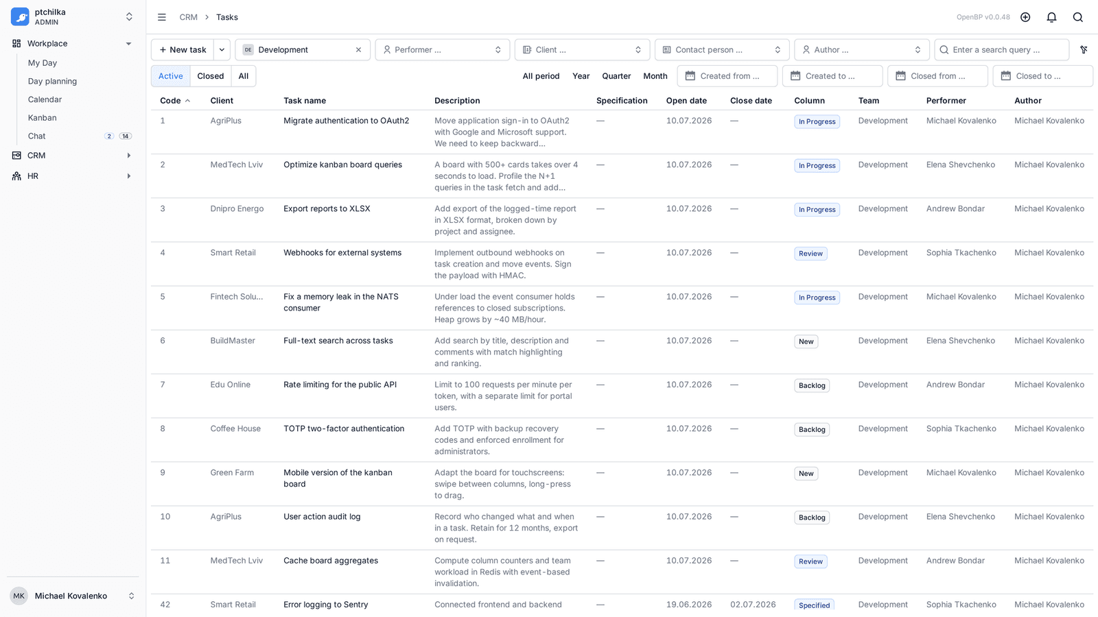 Overview of a Kanban board in KanbanCRM (4/4)