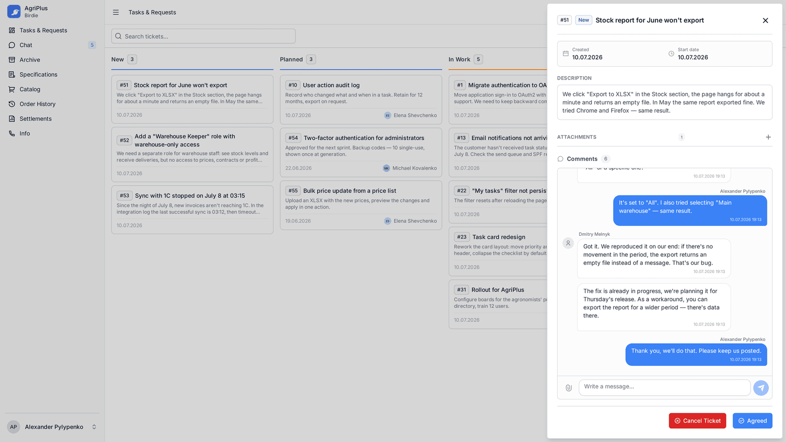 Client portal: a customer's request board (3/6)