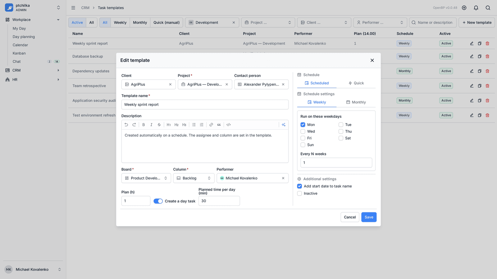 Task template settings with a recurrence schedule (2/3)