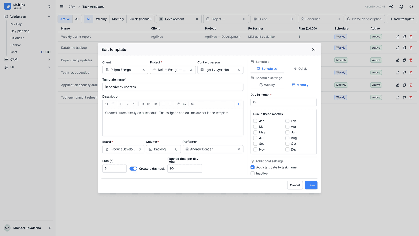 Task template settings with a recurrence schedule (3/3)