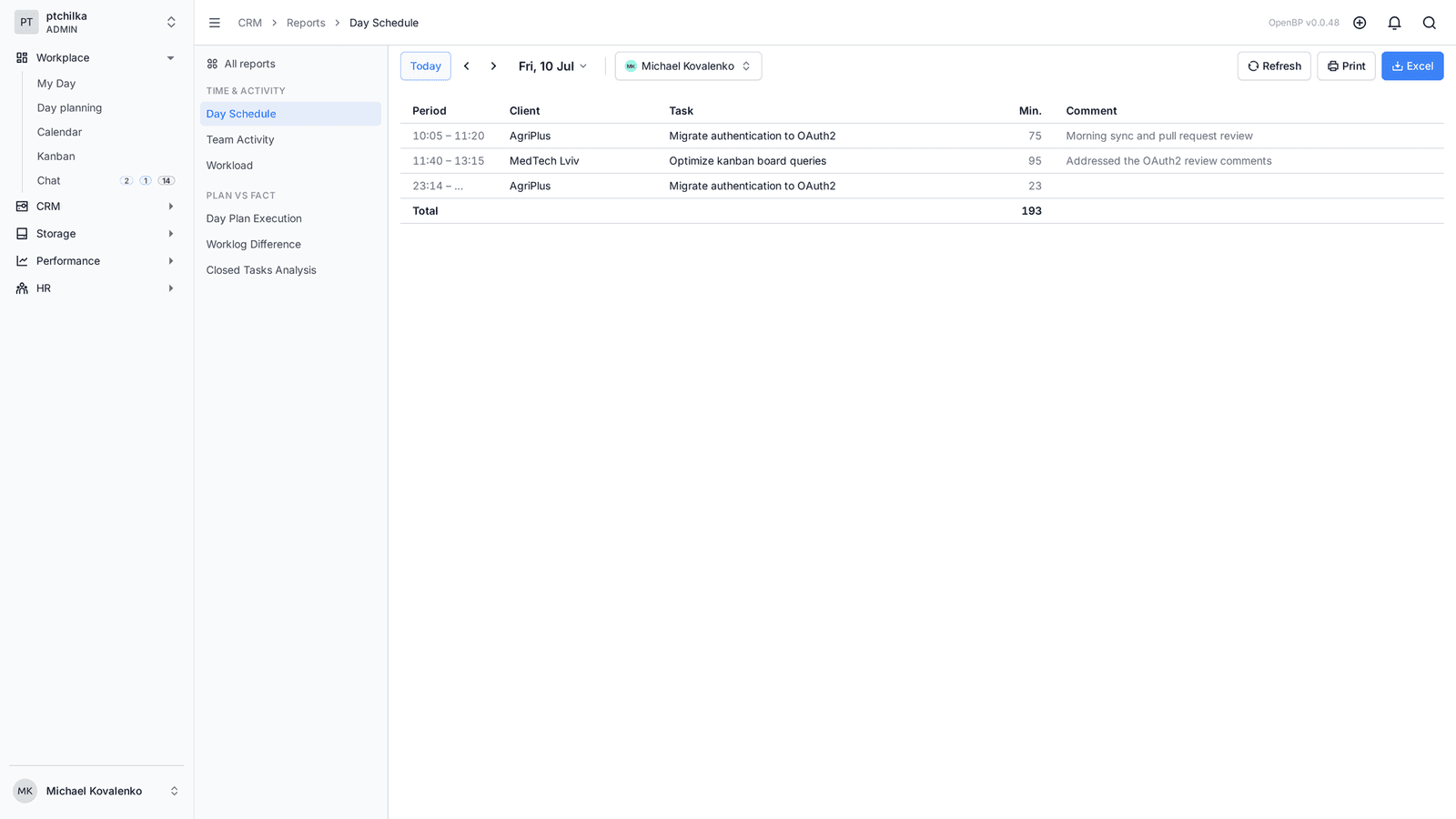 An operational report table with filters (1/2)