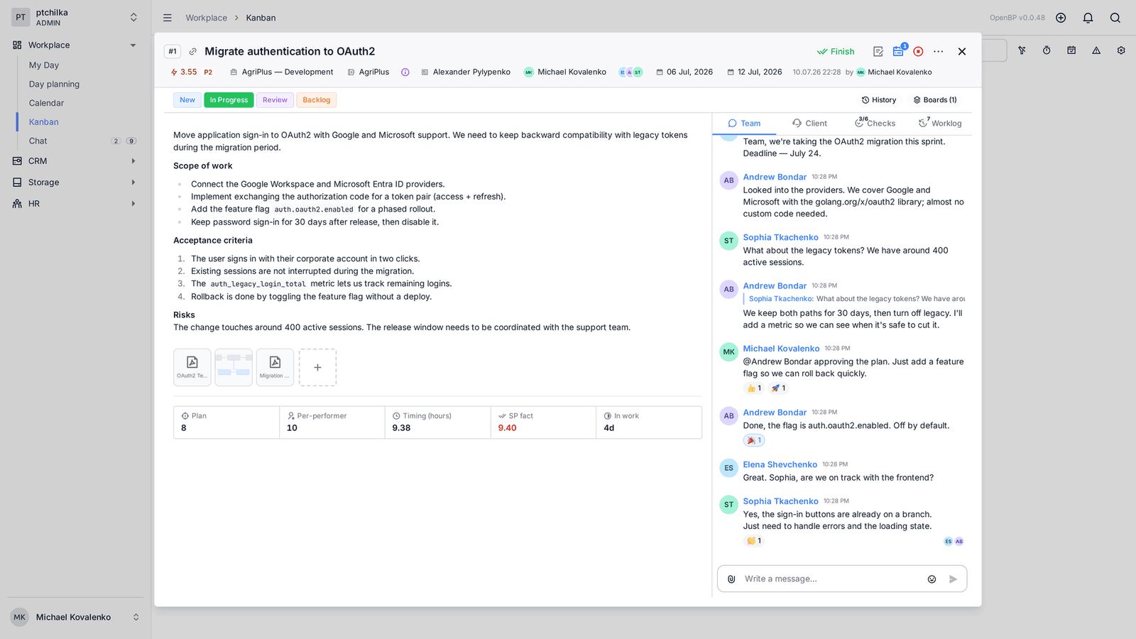 A chat inside a task with system messages