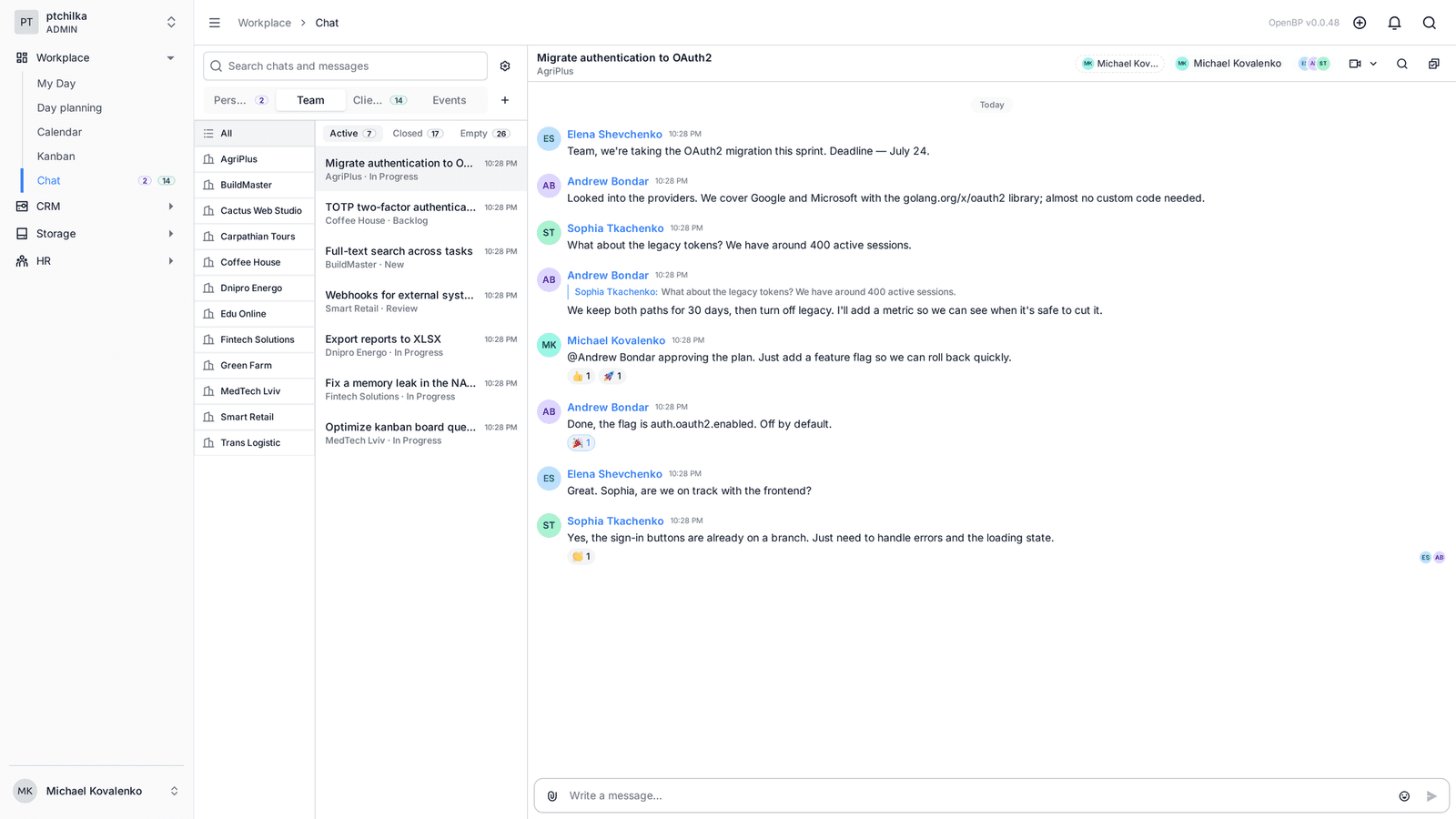 OpenBP corporate messenger with the conversation list (2/2)