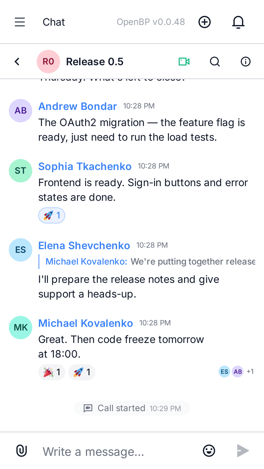 The messenger mobile app with a chat and a call