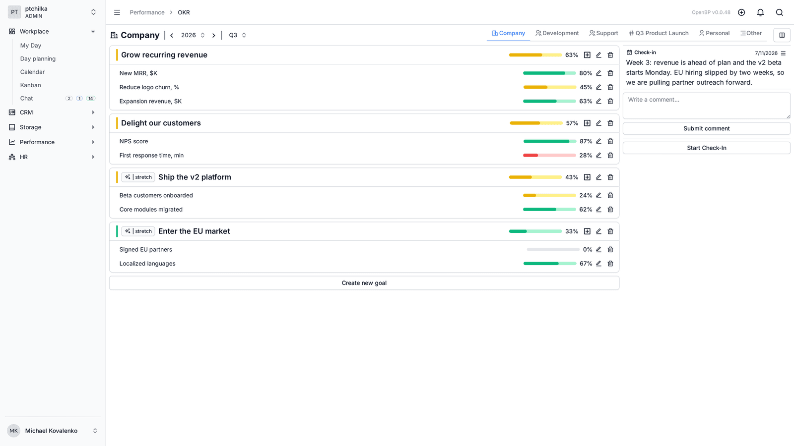 OKR goals with their indicators and progress (1/3)