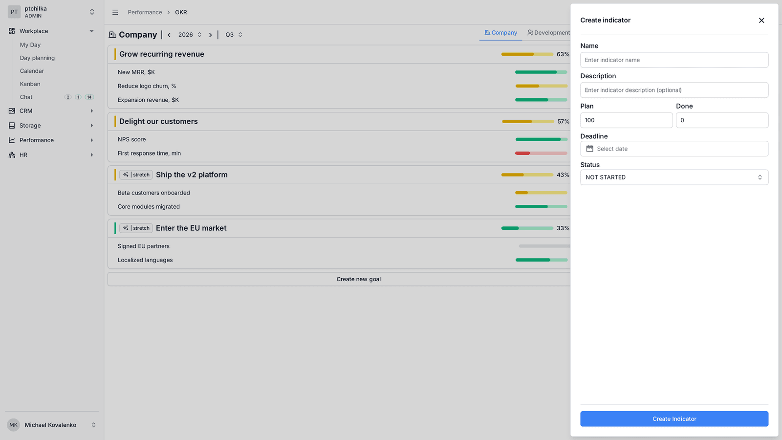 OKR goals with their indicators and progress (2/3)