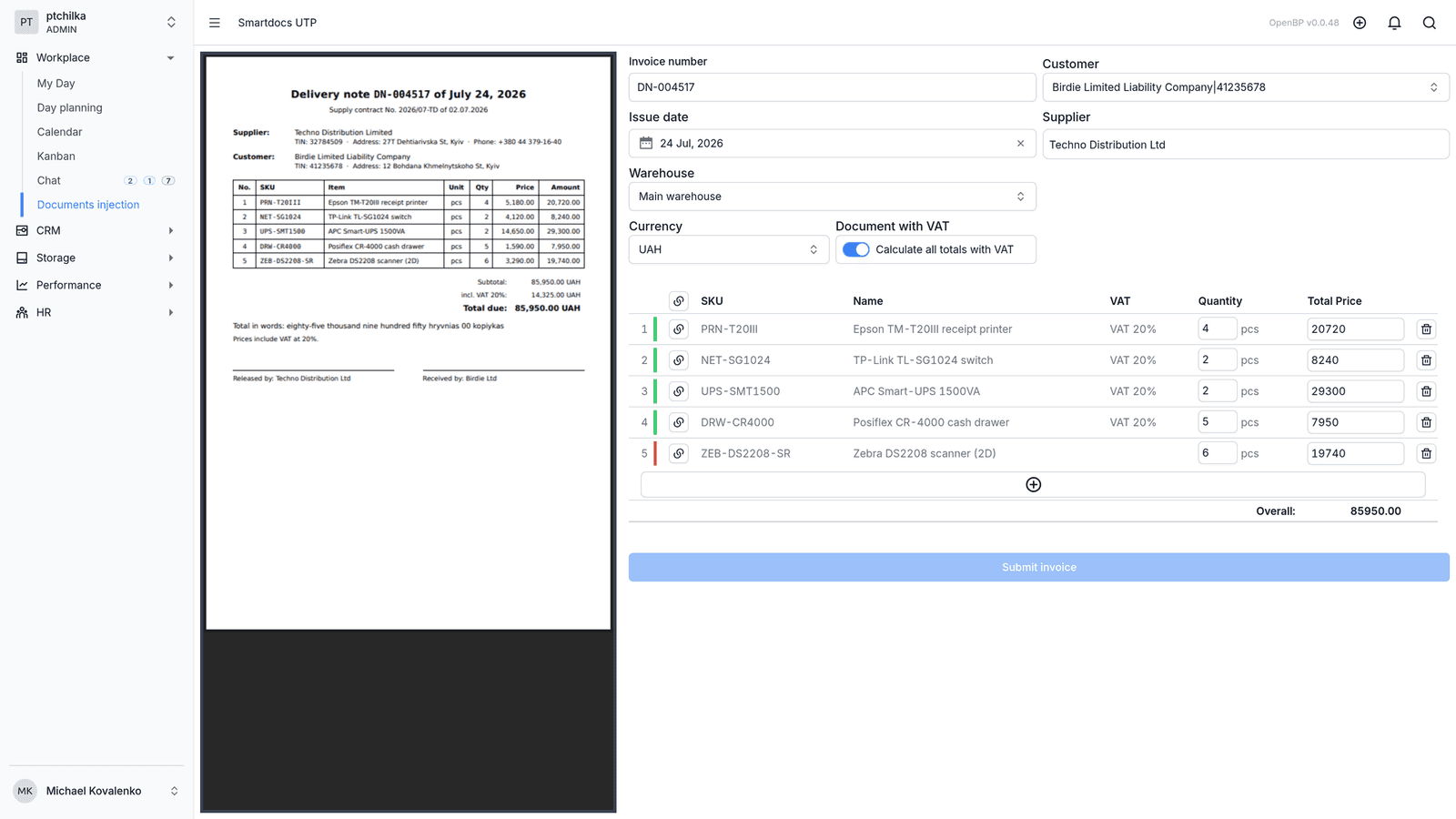 Uploading a delivery note, and the recognised document with its fields and line items filled in (2/2)